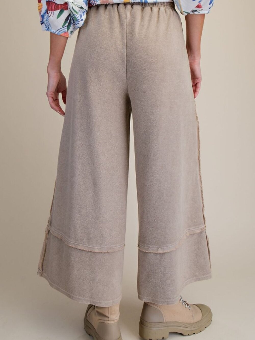 797 EASEL SAND NUDE NATURAL MUSHROOM MINERAL WASHED TERRY PALAZZO PANTS SML NWT